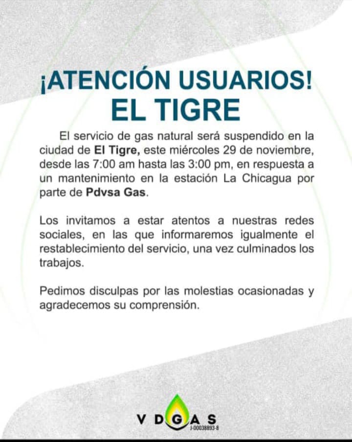 andresbrit0's tweet photo. Estimados vecinos tigrenses, hoy deben tomar previsiones ante la suspensión del #ServicioDeGasDomestico por reparación en planta La Chicagua. #ServiciosPublicos #ServicioSocial #ServicioPublico #Vdgas #PdvsaGas https://t.co/lceHK757mc