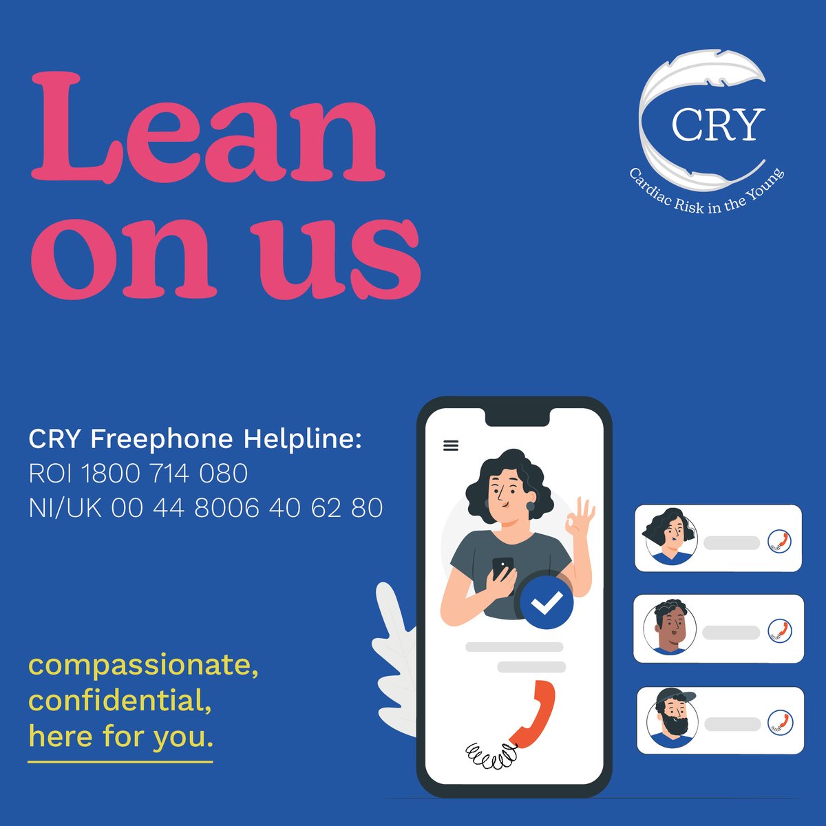 CRYIre's tweet photo. Staffed by trained volunteers, the confidential CRY Helpline offers support for those affected by Sudden Cardiac Death or living with an inherited cardiac condition. 

Please reach out to our #freephone #Helpline if it could offer you or your loved ones support or comfort. https://t.co/MrfvkdwSBg