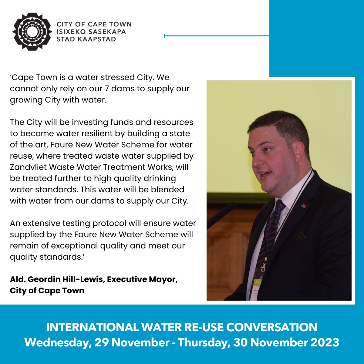 CityofCT's tweet photo. ‘Cape Town is a water stressed City. We cannot only rely on our 7 dams to supply our growing City with water...’
Ald. Geordin Hill-Lewis, Executive Mayor, City of Cape Town
#WaterandSanitation #CTWater https://t.co/0Dr1DEdeAy