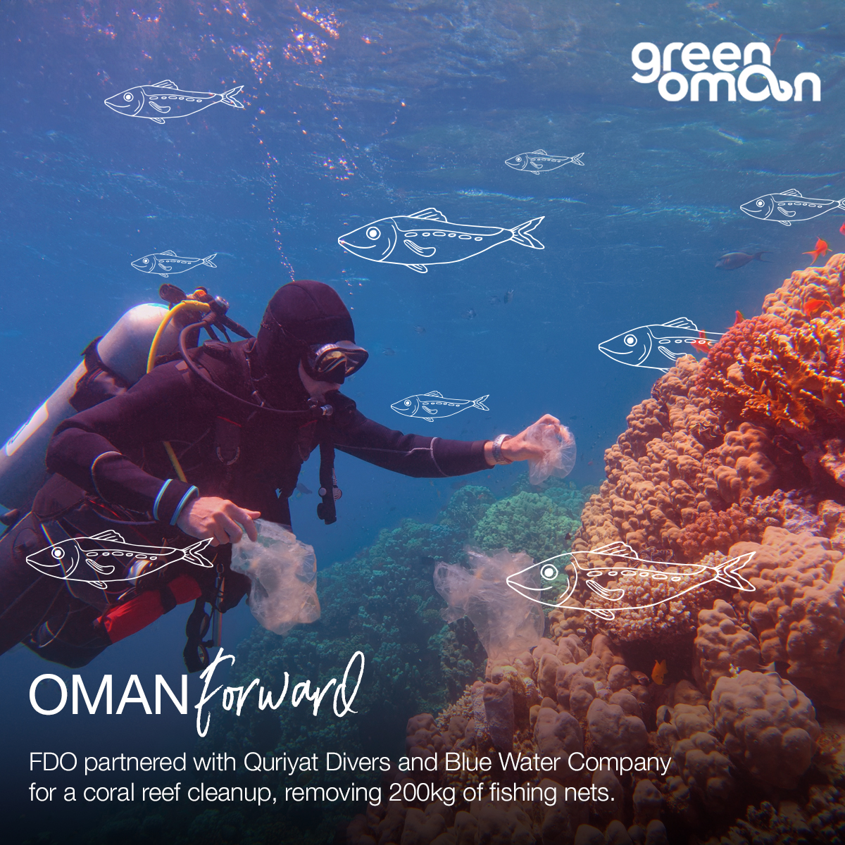 TheGreenOman's tweet photo. Collaborating with Quriyat Divers and Blue Water Company, FDO organized a coral reefs clean-up campaign in Al Hdab, Quriyat, removing 200kg of fishing nets 🌊🚯

#OmanForward #FDO #SustainableOman #GreenOman #OmanCOP28 #COP28 #FisheriesDevelopmentOman #MakeTheChange https://t.co/UMgqBWqhBg