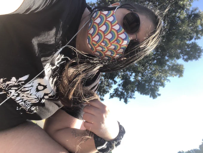 they/itcalf's healed enough that I can walk now, so I did. when I hold my fingers just right to make the shadow on my rainbow mask, do I look happy? 