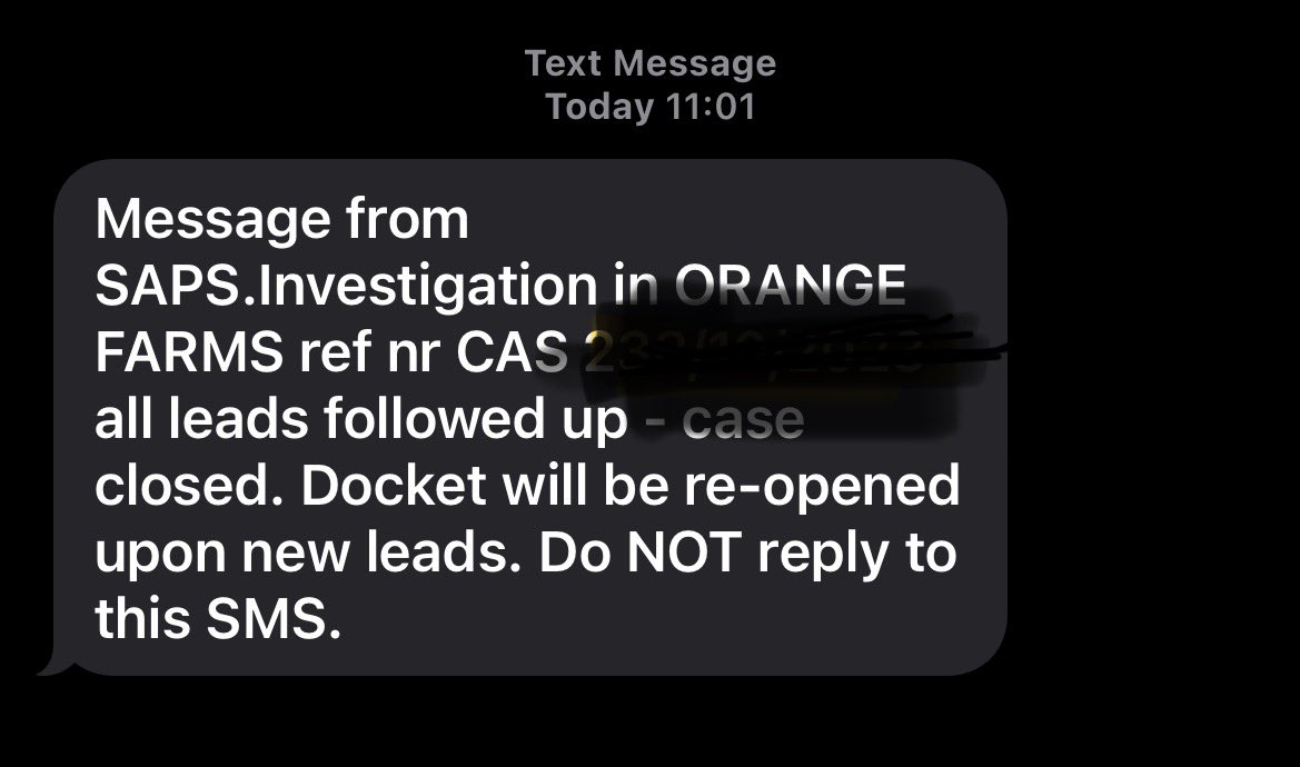 LesediMsb's tweet photo. Why would you close a case you haven’t investigated?  The assigned detective hasn’t called or been to see me, 

I have eye witnesses and video evidence of the thugs that came to my place , this was stated in the police report that took 3 days to be recorded @SAPoliceService https://t.co/EbPJ4fhHus