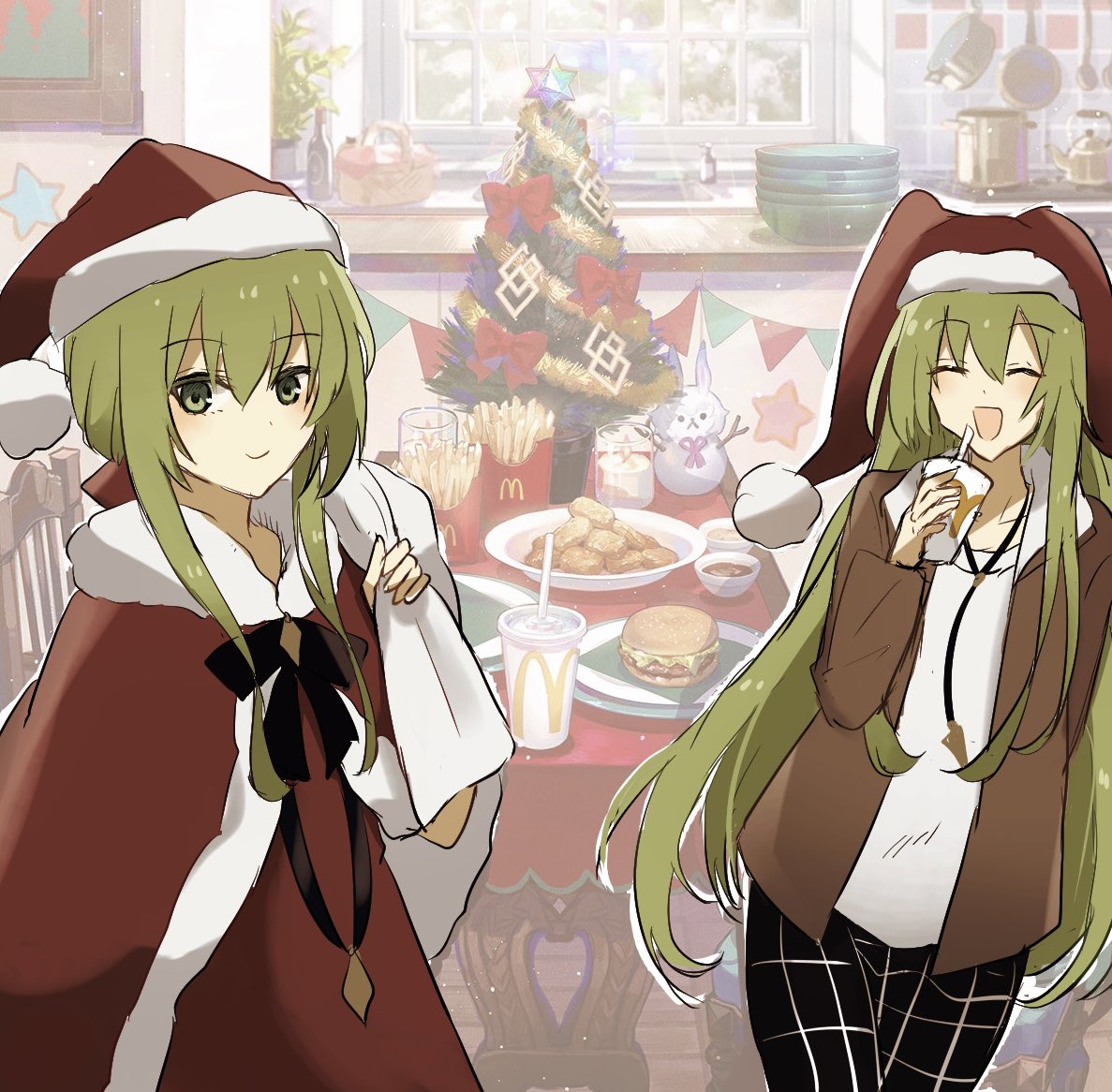 enkidu (fate) green hair hat santa hat long hair smile christmas green eyes  illustration images