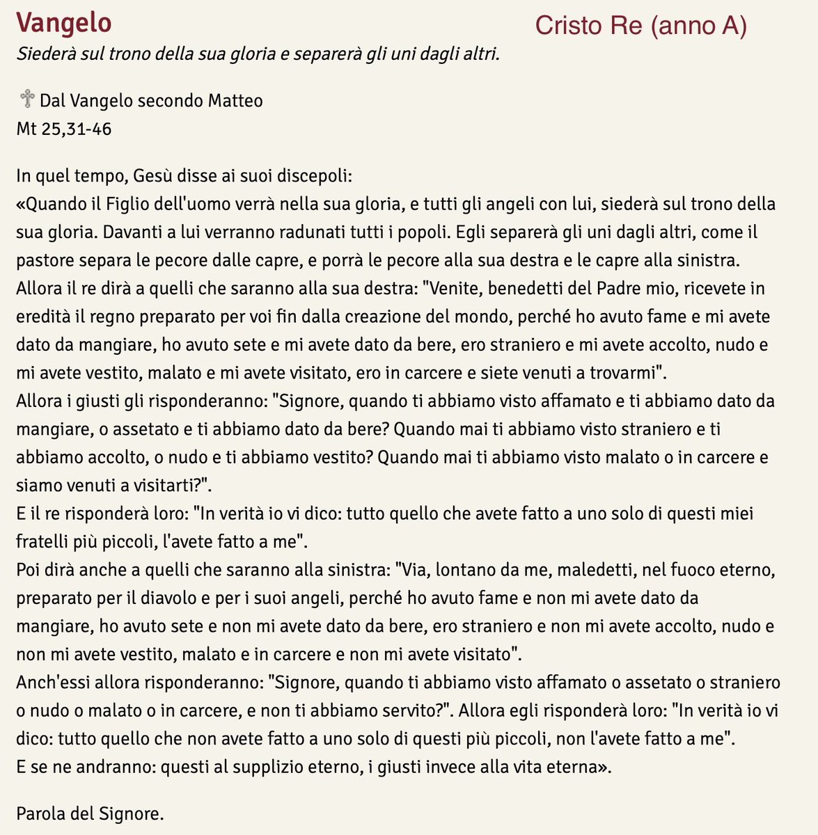 domenicosaretto's tweet photo. @AldinaConsolini @AlessandroA81 @scaporrelli @redellerose @Liberocip @angelacars @Annuccell @MarcG_69 @VBscaterinarc @TeresaBonaiuti @GiuseppePiu1 @CAvondet @MioWid «Tutto quanto avete fatto a uno solo di questi miei fratelli più piccoli, l'avete fatto a me».
Cristo Re vuole identificarsi con i più svantaggiati, ma ci chiede pure di essere persone facili da amare 👉 https://t.co/6YwGcqwWsw 👈 Ripasso quanto detto 3 anni fa, per non ripetermi https://t.co/Irvg50pyEf