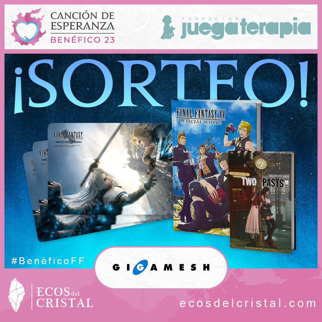 EcosDelCristal's tweet photo. ¡Sorteo de @GigameshEng!

Sorteo con motivo del evento benéfico de Final Fantasy para @juegaterapia 
Donaciones: https://t.co/wIIH1bSfxK

¿Quieres ganar un artbook de FFXV,  un libro de FFVII o un tapete de TCG FFVII?

🔃 Haz Retweet
❤️Like
✅Síguenos
📝Etiqueta a un amigo y con una foto muestra tu colección de libros, cómics, artbooks etc...

El sorteo finaliza el día 3 de Diciembre durante el último directo en https://t.co/RfSH3ZEWI1 y el premio será aleatorio! 

Las cuentas creadas con posterioridad al anuncio del evento no contarán, así como las cuentas de sorteos.
#BenéficoFF