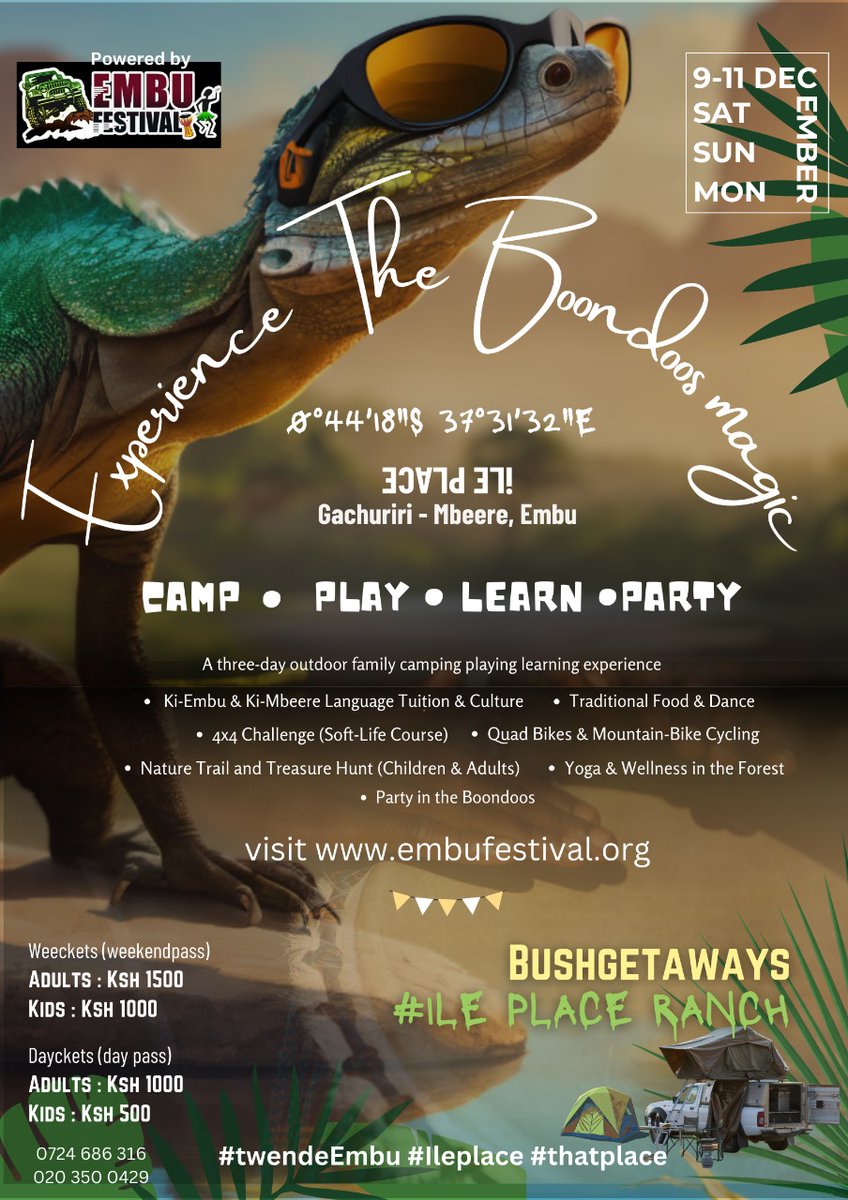EmbuFestival's tweet photo. The best Road trip out of town in Kenya.

1. Experience the Boondoo's Magic. At Gachuriri📍. along Embu-Kiritiri Road.
Cost, 3 Day Weekend Adult pass. Ksh 1500.
Cost, 1  Day Adult pass. Ksh 1000
Check out 👉https://t.co/oG1TazYWML

#MosesKuria #UhuruBiscuitRoads #ChristinaShusho https://t.co/pAB5JiL5pn