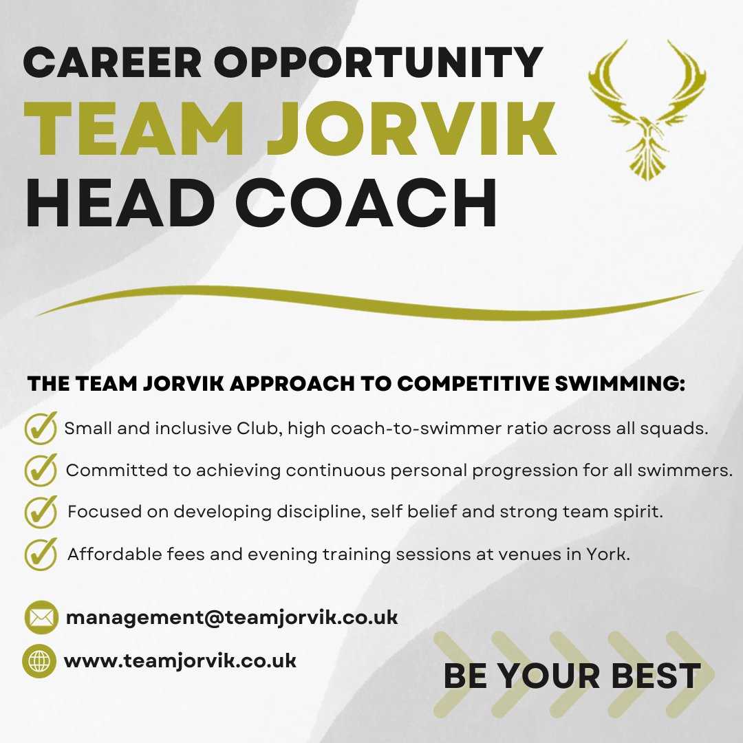 ✨Exciting opportunity✨ 
Part time Head Coach position 🏊🏼
•£20+ p/h
•Part time evenings with some weekends. 
•Easily accessible venues in York
➡️More info &amp; apply: uk.indeed.com/viewjob?from=a…
➡️Contact: management@teamjorvik.co.uk
➡️Web: teamjorvik.co.uk