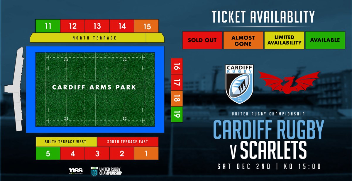 HEAT MAP HEADLINES 🔥

South Terrace East now SOLD OUT 🔴
Limited availability around CAP 🟠
Family Stand almost gone 🟠

☎️ 029 20 302030
💻 eticketing.co.uk/cardiffrugby

#AlwaysCardiff #PackCAP