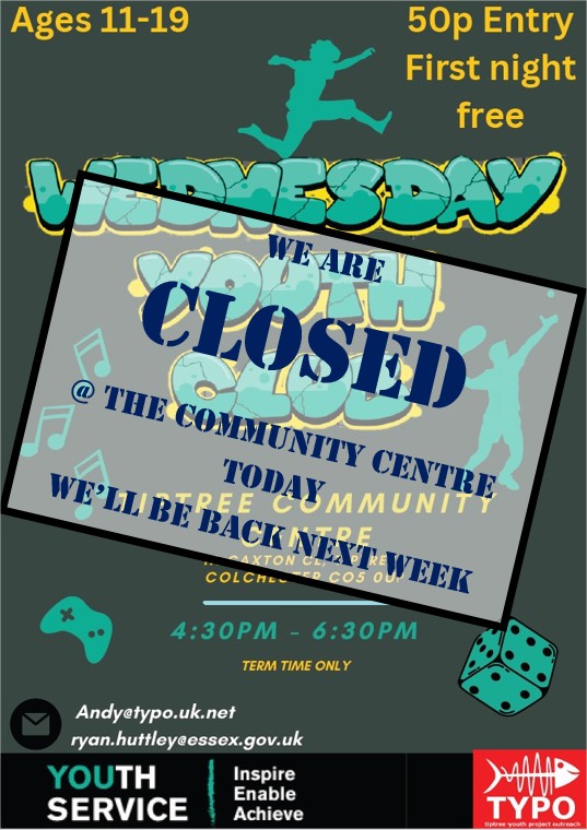 TiptreeYPO's tweet photo. Please Note / Remember Wednesday Youth Club is closed this evening to allow the Blood Donors to use the Community Centre. We’ll be back next week. https://t.co/l2MvC8mL0A