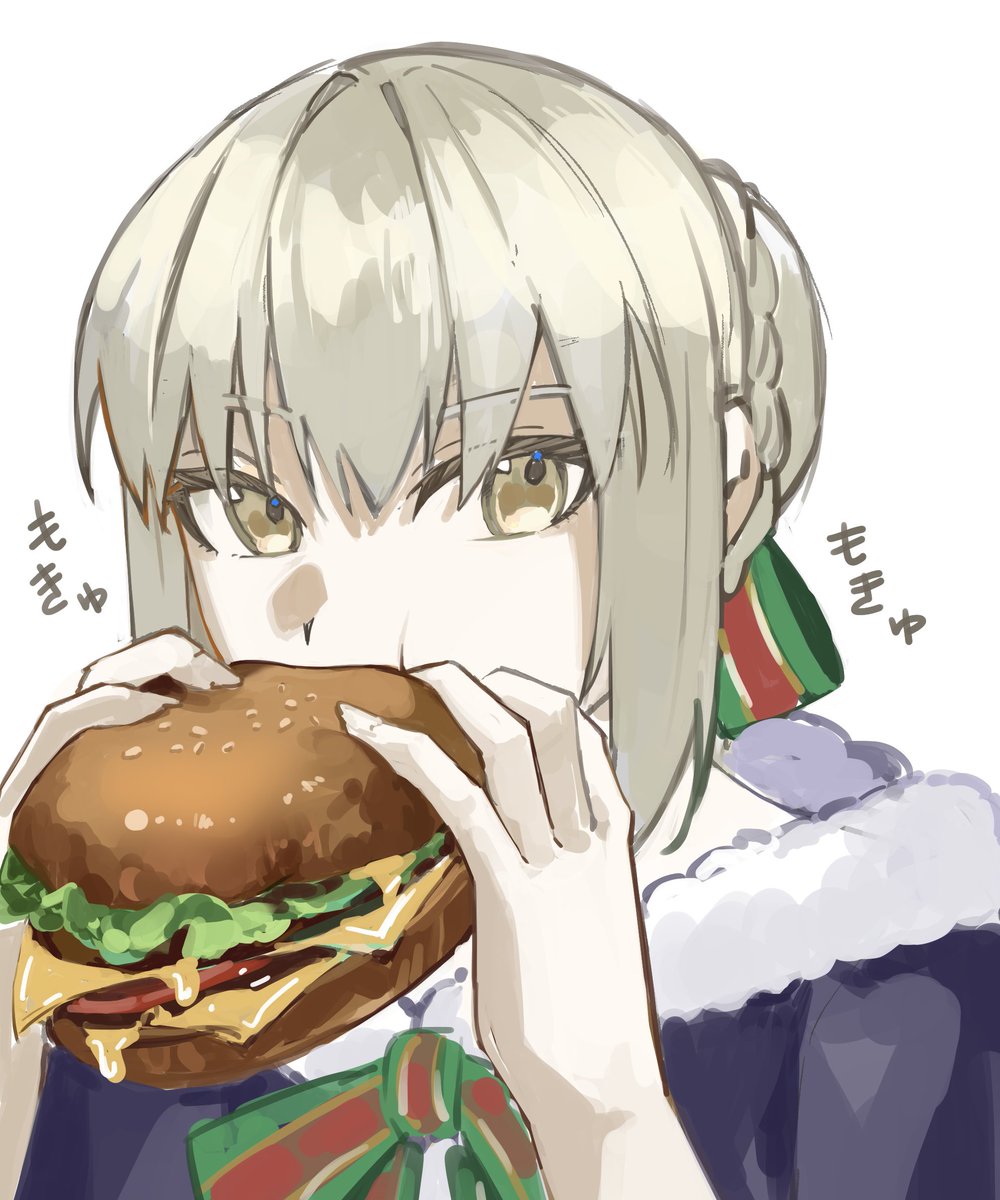 artoria pendragon (fate) ,saber alter 1girl burger food solo eating blonde hair yellow eyes  illustration images