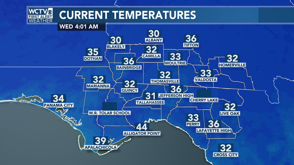 robnucatola's tweet photo. 4am EST Temps for Wed 11.29.23. There's the first sub 32 temperature at TLH since January 28th (it was 30 degrees on that day). March 21st TLH got down to 32 degrees. Hasn't been that low since. That's like 304 days. #BIGcold #COLDcoming #FirstAlertWeather https://t.co/L1TFBPRu6d