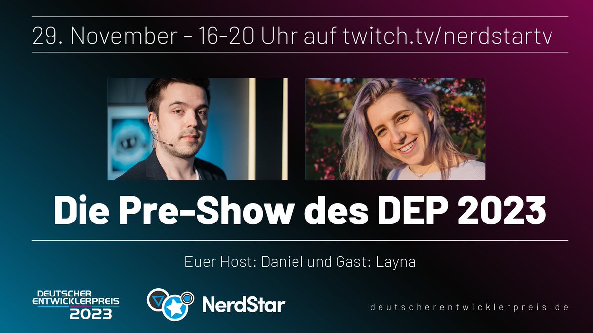 🚨Heute von 16:00-20:00 findet auf unserem Kanal der offzielle <a href="/entwicklerpreis/">Deutscher Entwicklerpreis</a> Pre-Stream statt! 

🎮<a href="/Staubesandt/">Daniel</a> &amp; @layna_live zocken die nominierten Spiele!

🔥P.S. Der Stream zur Verleihung nächste Woche findet auch bei uns statt - und ihr dürft live drauf reacten! #DEP2023🔥