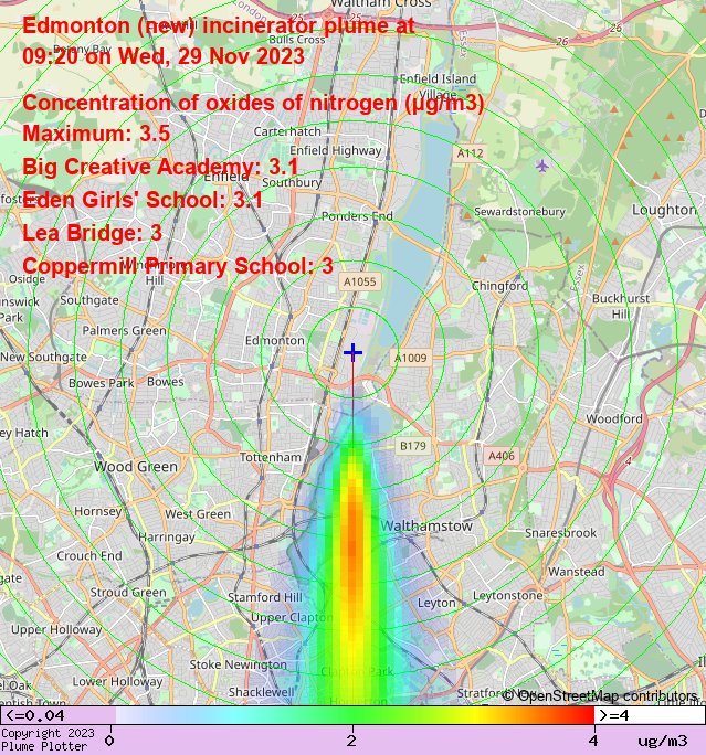 plumeplotter's tweet photo. Latest Edmonton (new) incinerator plume plot,  09:20 29/11/23 #LeaBridge #LowerClapton #ClaptonPark  https://t.co/ue2w4O0AUu https://t.co/8c4zJewMTK