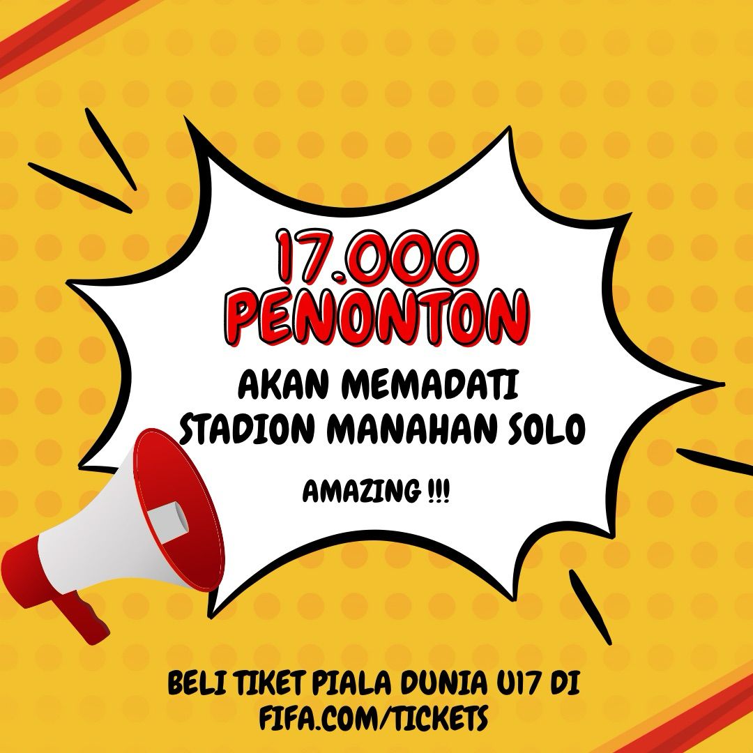 Wahh keren !
Tiket Final Piala Dunia U17 habis terjual, sebanyak 17.000 penonton akan memadati stadion Manahan Solo
#U17Mendunia #PialaDuniaU17 #WorldCupU17 #TiketU17 

Suaminya Intip