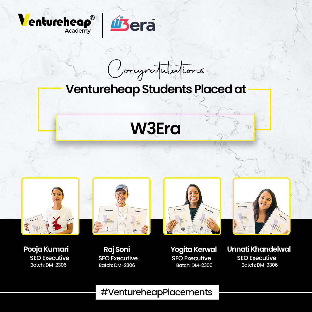 vh_academy's tweet image. Congratulations🎉 Pooja Kumari, Raj Soni, Yogita Kerwal and Unnati Khandelwal for getting placed in W3Era after completing 4 months of Digital Marketing Course and Internship.💛

#placement2023 #skilldevelopmentcourse #digitalmarketingcourse #Congratulations