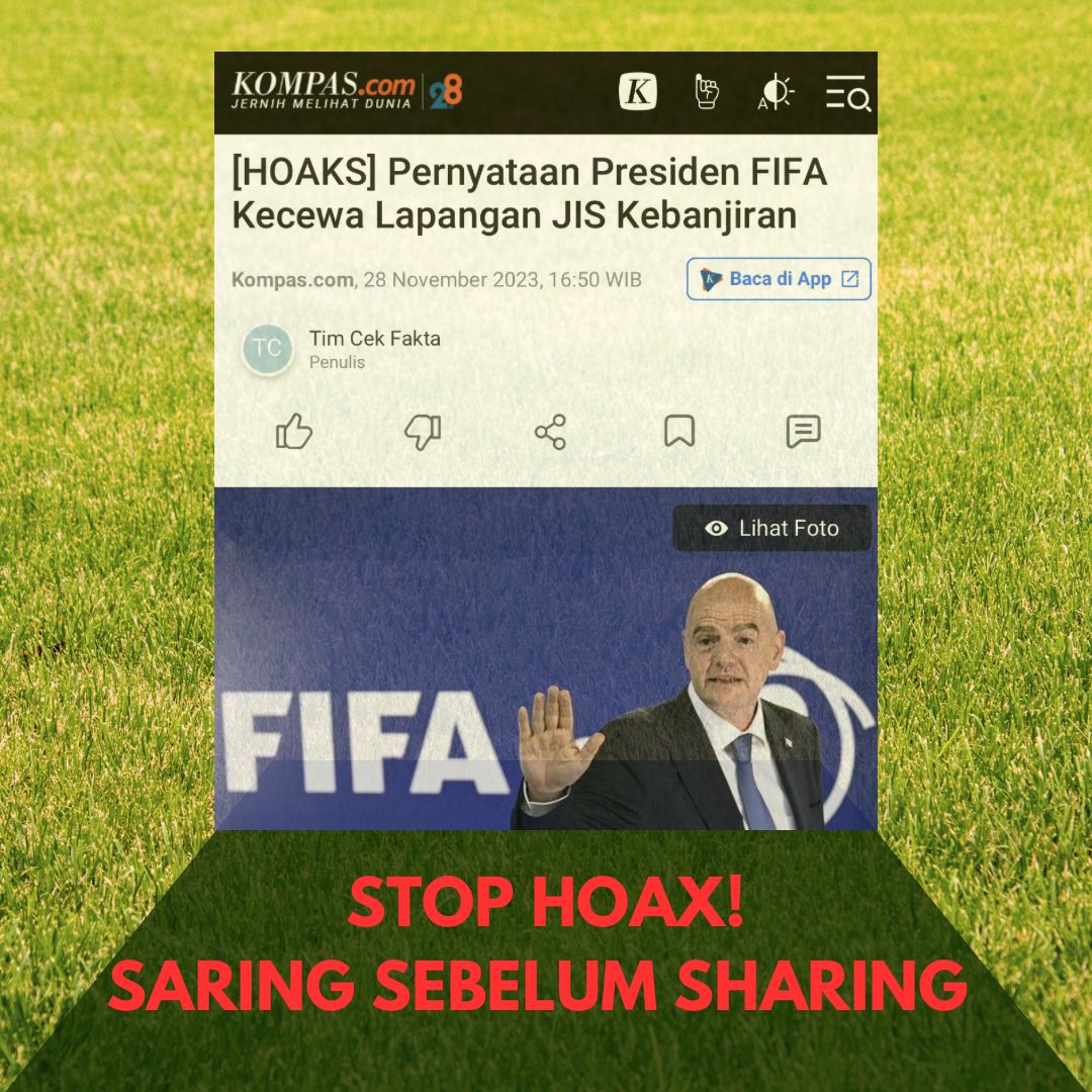 Pernyataan Presiden FIFA Kecewa lapangan JIS kebanjiran
HOAX ! 
Bijak lah ber media sosial, berpikir lah dulu sebelum mengetik

#U17Mendunia #PialaDuniaU17 #WorldCupU17 #TiketU17 

Suaminya Intip