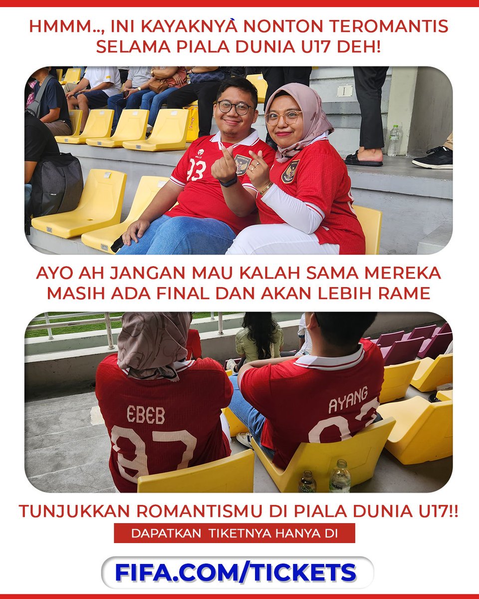 Ayo nonton Final Piala Dunia U17 sama pasangan agar lebih romantis.
Final Piala Dunia U17 akan lebih seru, beli tiket nya di FIFA.COM/TICKETS

#U17Mendunia #PialaDuniaU17 #WorldCupU17 #TiketU17 

Suaminya Intip