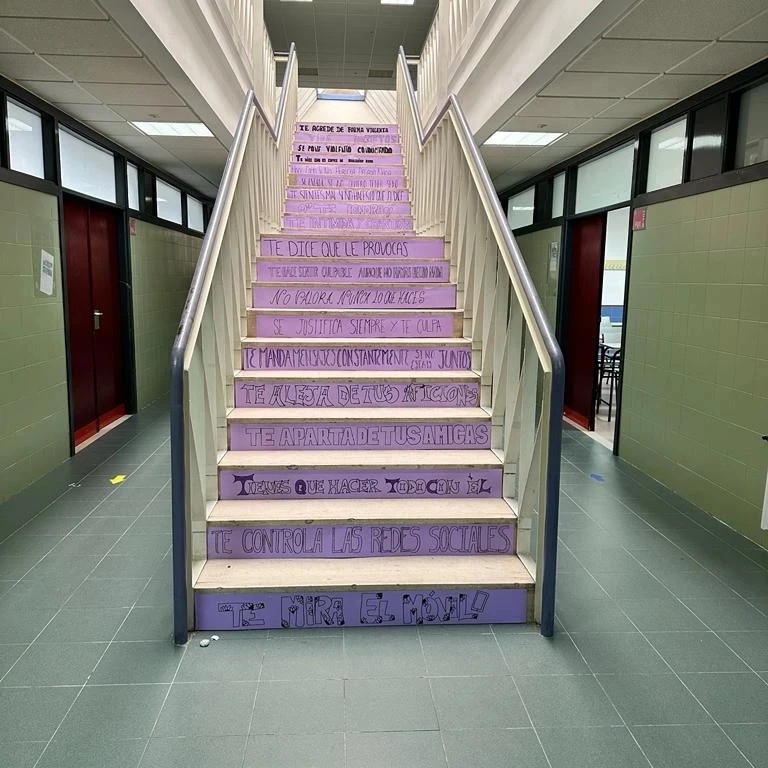 Así de decorado está el IES Europa para reivindicar el Día Internacional de la eliminación de la violencia contra las mujeres. Con la colaboración de alumn@s, profes y miembros del AMPA.