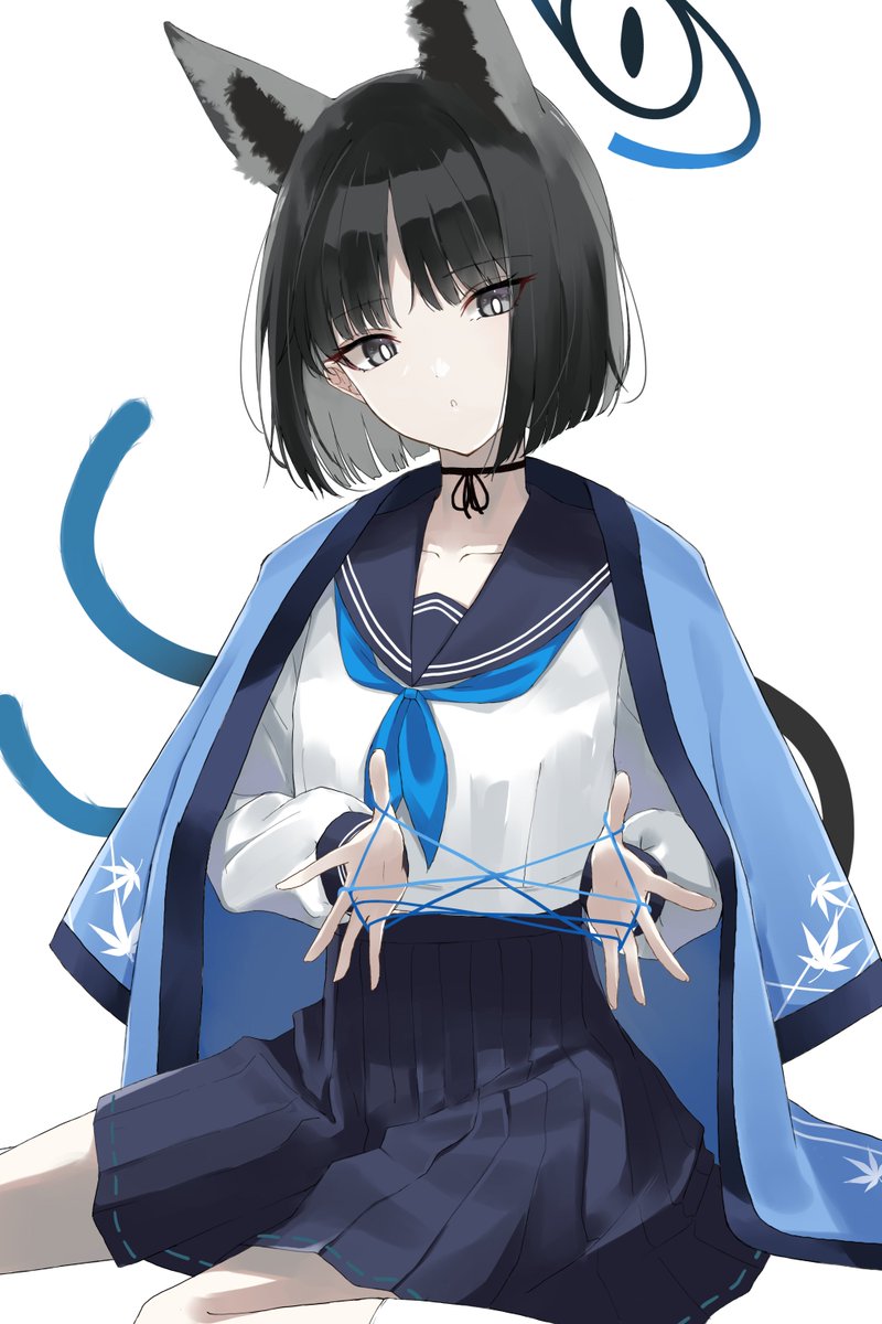kikyou (blue archive) 1girl animal ears solo skirt black hair school uniform white background  illustration images
