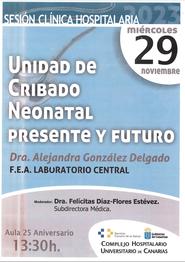 labhuc's tweet photo. Hoy la Sesión Clínica Hospitalaria será impartida por nuestra compañera Alejandra González, responsable de la Unidad de Cribado Neonatal, para hablarnos del presente y el futuro de esta unidad. Aula 25 Aniversario 13:30h. https://t.co/Bu3Aad0oez