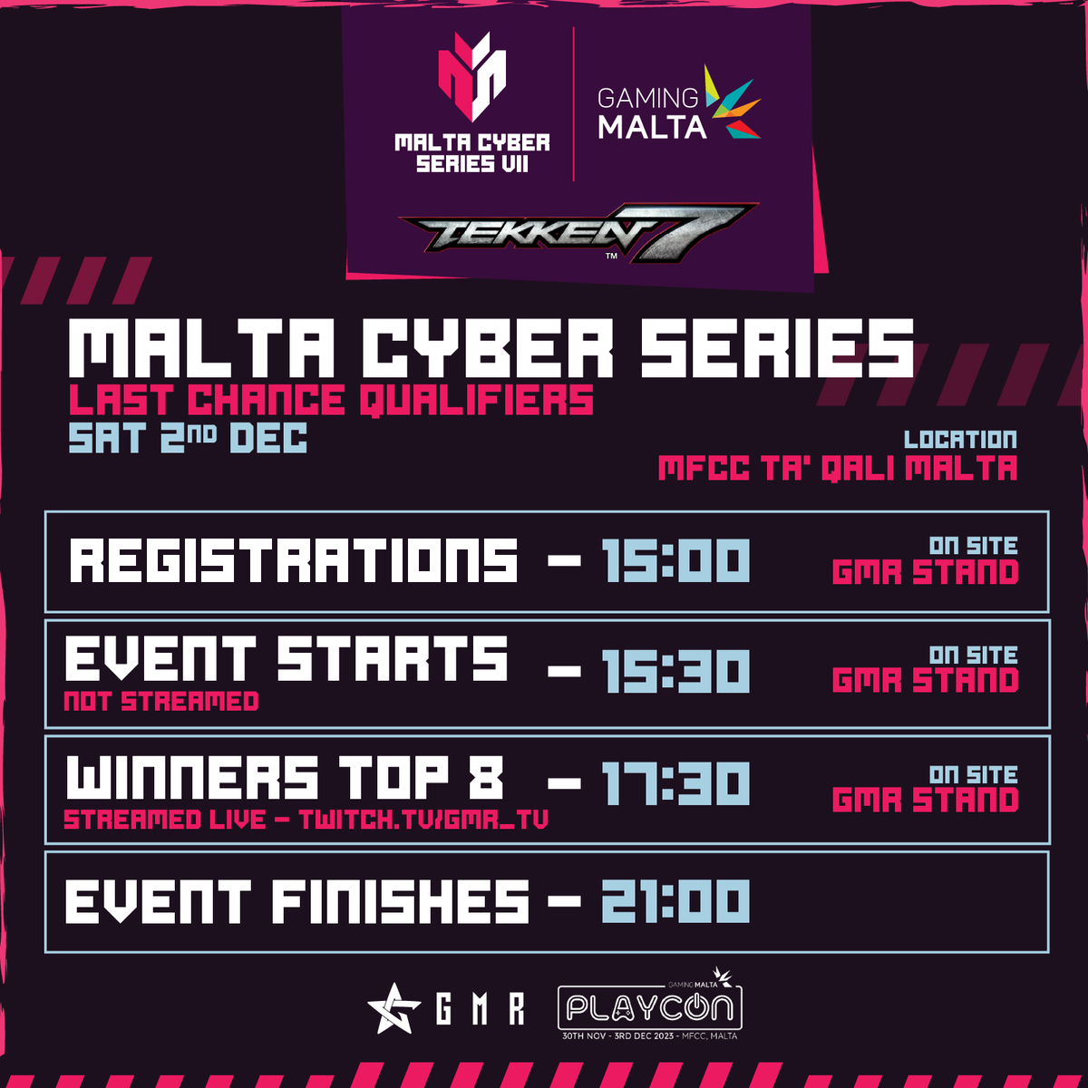 gmr_mt's tweet photo. The Last Chance Qualifier for the Malta Cyber Series VII: Tekken 7 Tournament 🥊 is happening in just 3⃣ days❗

If you're a Tekken 7 player looking for one last chance, this is it - 🔗https://t.co/JTMPoaAENx

Check out the below schedule ⬇

#tekken7 #fgc #fgs #esports https://t.co/TNsHvVOWoW