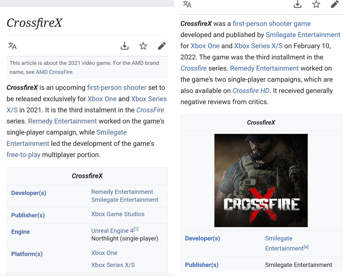 nib95_'s tweet photo. I find the way Microsoft disassociated Xbox Game Studios and Xbox from #CrossFireX, quite amusing lol.

Xbox Game Studios/Microsoft were the original publisher of CrossFireX, and even assisted in its development for years. But meagre months before its release, presumably when they knew for certain it'd be awful, they seemingly erased any involvement they previously had lol.

This included removing themselves as the publisher, the changes of which showed up on official Xbox listings, to privatising videos where they spoke about XGS helping in development of the game, changes to Wiki/Metacritic listings, and later removing the game from Xbox altogether after Smilegate announced it'd be shuttered, oddly the single player too lol.

#Xbox really did a "it wasn't me!" with its connection to the game, and really don't want you to know they were originally publishing it, and assisted in its development. Reputation and metacritic publisher average protected! 🫣

Even Nico Bihary, who was Director of Production at XGS's GGPD team that assisted with CrossFireX development, has edited out any mention of the game on his LinkedIn, and who could blame him. Lol.