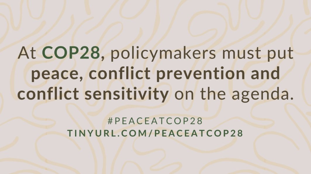 The effects of climate change, environmental degradation &amp; natural resource scarcity are exacerbating insecurity and conflict risks around the world. 

With #COP28 starting tomorrow, peace &amp; conflict sensitivity must be part of 🌍 climate action agenda ➡️ bit.ly/peaceatcop28