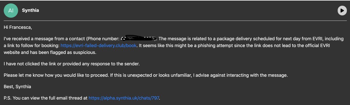 📧Love how @SynthiaAI_ alerts me to suspicious emails/ potential phishing scams. 

Like ChatGPT and other LLMs, Synthia is capable of natural conversation. However, she's also been super-charged with the ability to perform a wide variety of useful tasks.  
#AI #ExecutiveAssistant
