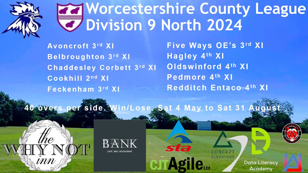 At last night's @Worc_cl AGM the 2024 Structure was announced! Our 1st XI will line up in Division 7 North. Our 2nd XI will take their place in Division 9 North. We can't wait to welcome some old faces back, & some new teams to @CookhillCC in 2024. #YouuuRoosters 🏏🐔🐓
