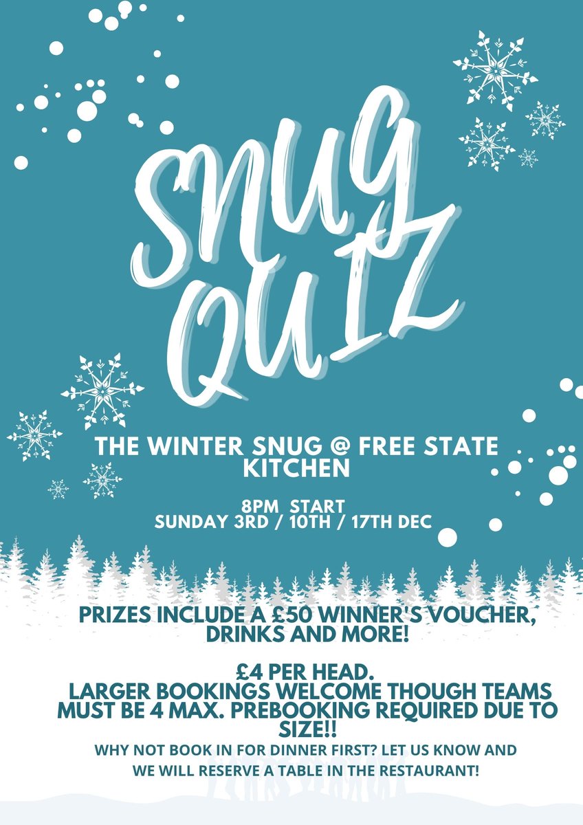 Free State Kitchen (@fsk_liverpool) on Twitter photo A few tables left for this Sunday's quiz! Booking essential, email hello@freestatekitchen.co.uk to book in for a fun night in the Snug! A few tables left for this Sunday's quiz! Booking essential, email hello@freestatekitchen.co.uk to book in for a fun night in the Snug!