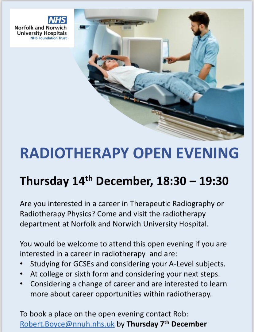 Students @cns_school <a href="/CNS6F/">CNS 6TH FORM</a> 

Radiotherapy Open Evening at <a href="/NNUH/">Norfolk and Norwich University Hospitals</a> 
Thursday 14th December 18:30-19:30

To book a place email Robert.Boyce@nnuh.nhs.uk by 7th December