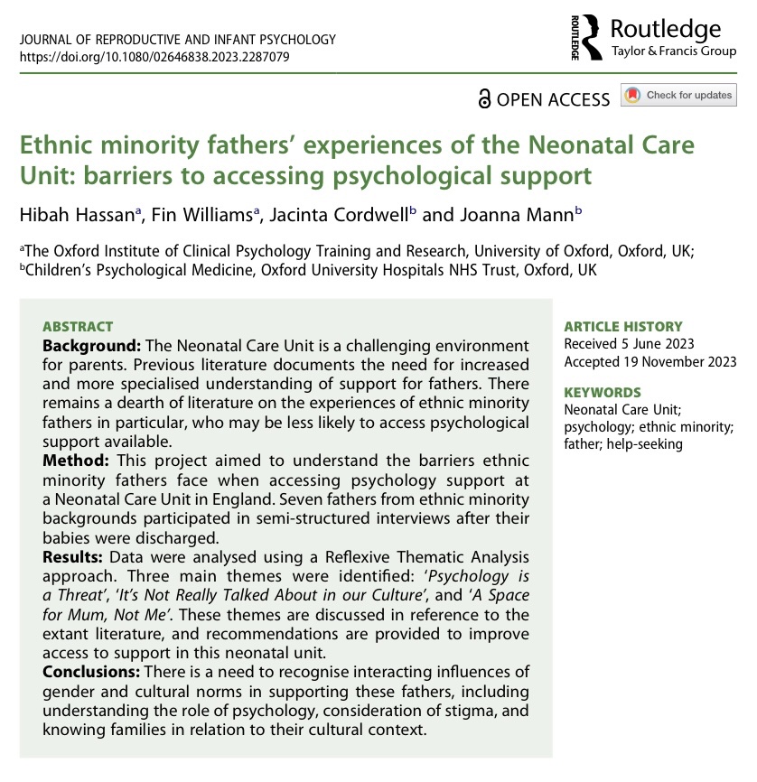 Just published! We explore the barriers ethnic minority fathers face when accessing support on the Neonatal Care Unit - our findings highlight the need to consider intersectionality when supporting fathers Open access: tandfonline.com/doi/full/10.10… #NICU #DClinPsy #Qualitative