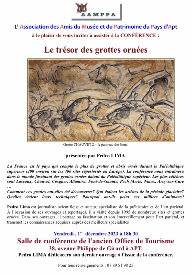 Rendez-vous ce vendredi soir à Apt (84) pour une conférence et une séance de dédicaces sur « Le trésor des grottes ornées », Lascaux, Chauvet, Altamira, et toutes les autres! Au plaisir de vous y rencontrer.🐴🦬🦌
