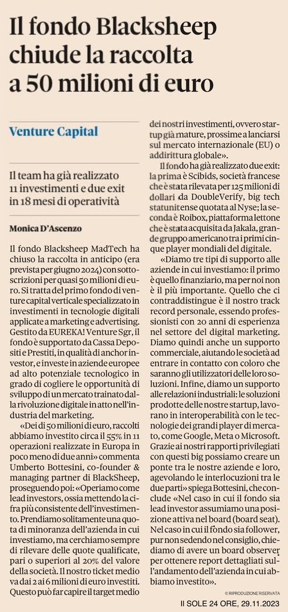 EurekaVenture's tweet image. La raccolta fondi di BlackSheep MadTech Fund, focalizzata sugli investimenti #MadTech, giunge ufficialmente al termine. L&apos;attenzione del team si dirige ora verso la conclusione degli ultimi #2 investimenti programmati e lo stato di avanzamento delle società in portafoglio.
