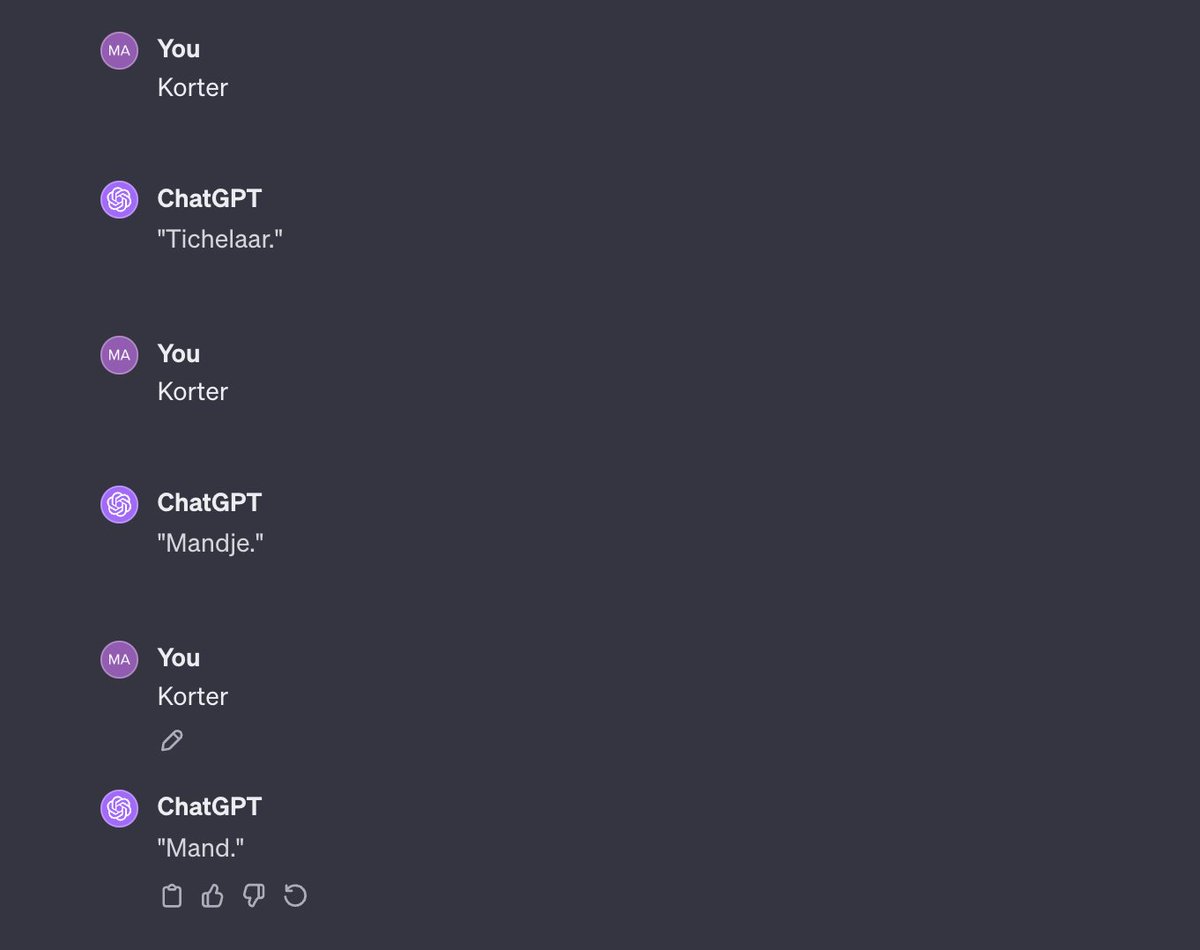 AI gaat nog niet zo snel de wereld overnemen. ChatGPT heeft 8 prompts nodig om naar "MAND!" te komen.