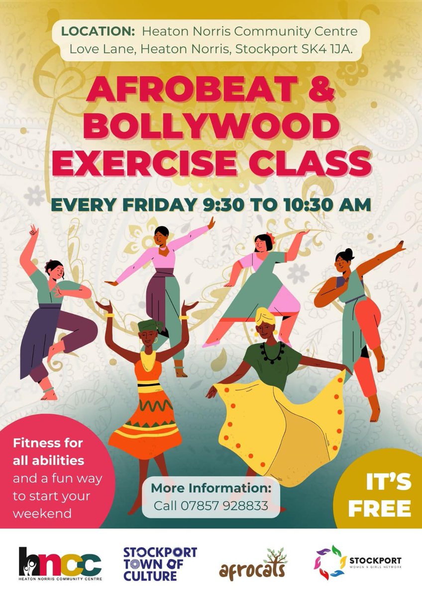 OctoberCreative's tweet photo. I designed this #poster to promote an #afrobeat and #bollywood #ExerciseClass at a local #CommunityCentre. If you need to promote your community class or event then please contact me at nicola@octobercreative.co.uk

#graphicdesign #CICs #Stockport #townofculture

@afrocatsmcr https://t.co/etKVRaMdui