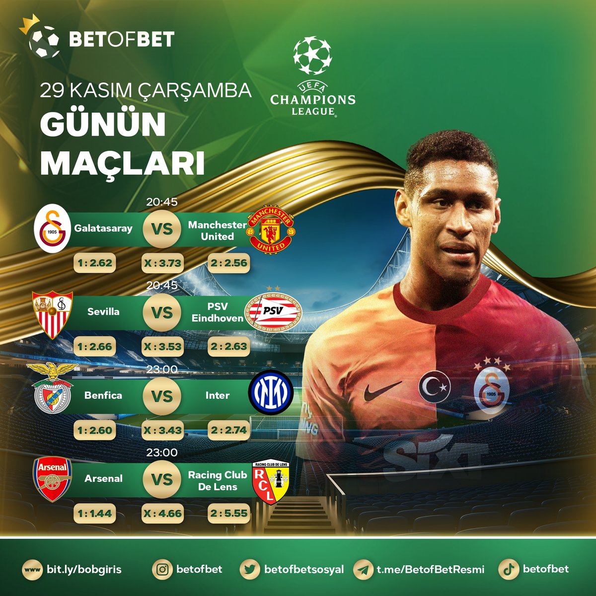 ⭐️Şampiyonlar liginde temsilcimiz Galatasaray'a başarılar dileriz!

⚽️Maçın heyecanını yaşamak için sizleri BetofBet'e bekliyoruz!

📺Maçların heyecanını HD kaliteyle BetofBet TV'de takip edebilirsiniz.

🎁%100 Spor Hoş Geldin Bonusu

✅Güncel adresimiz: bit.ly/bobgiris