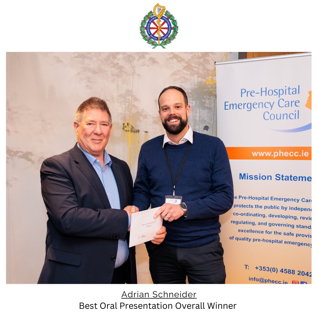 AmbulanceNAS's tweet photo. National Ambulance Service staff won a total of four prizes at the Pre-Hospital Emergency Care Council research conference last week. @PHECC 

Here they are accepting their prizes from PHECC Director Richard Lodge. https://t.co/cIWamYzdCg