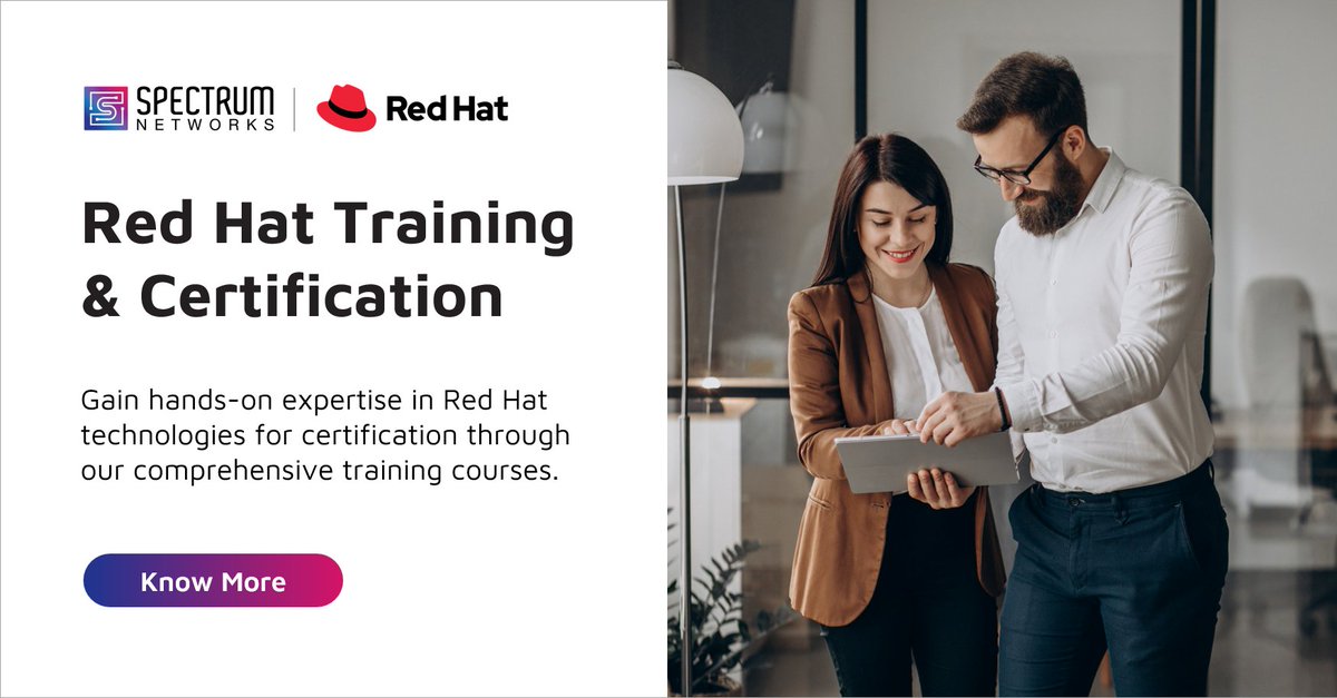 specntapac's tweet image. Gain a competitive edge with Red Hat Certifications that redefine expertise and drive seamless business transformation. Enroll now!
 
Know More: rb.gy/h7vgbu
Contact us at apac.mc@specnt.com

#redhattraining #ittraining #linuxtraining #redhat #spectrumnetworks