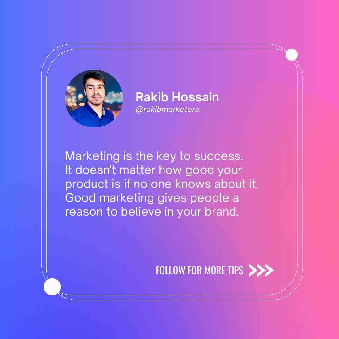 rakibmarketers's tweet photo. 🚀 Elevate your brand, captivate your audience, and conquer the market. 🌐📈 Marketing is the key to success, and we've got the master key just for you! 🔑💼

#rakibmarketers #MarketingMagic #SuccessJourney #BrandElevation #MarketConqueror #BusinessThrive #UnlockPotential https://t.co/tVcbtSxYXM
