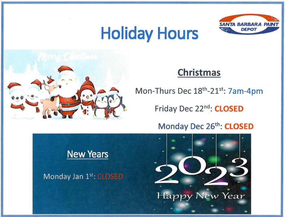 SBPaintDepot's tweet photo. Take notice of our holiday hours! https://t.co/17Vf7ZqHzi