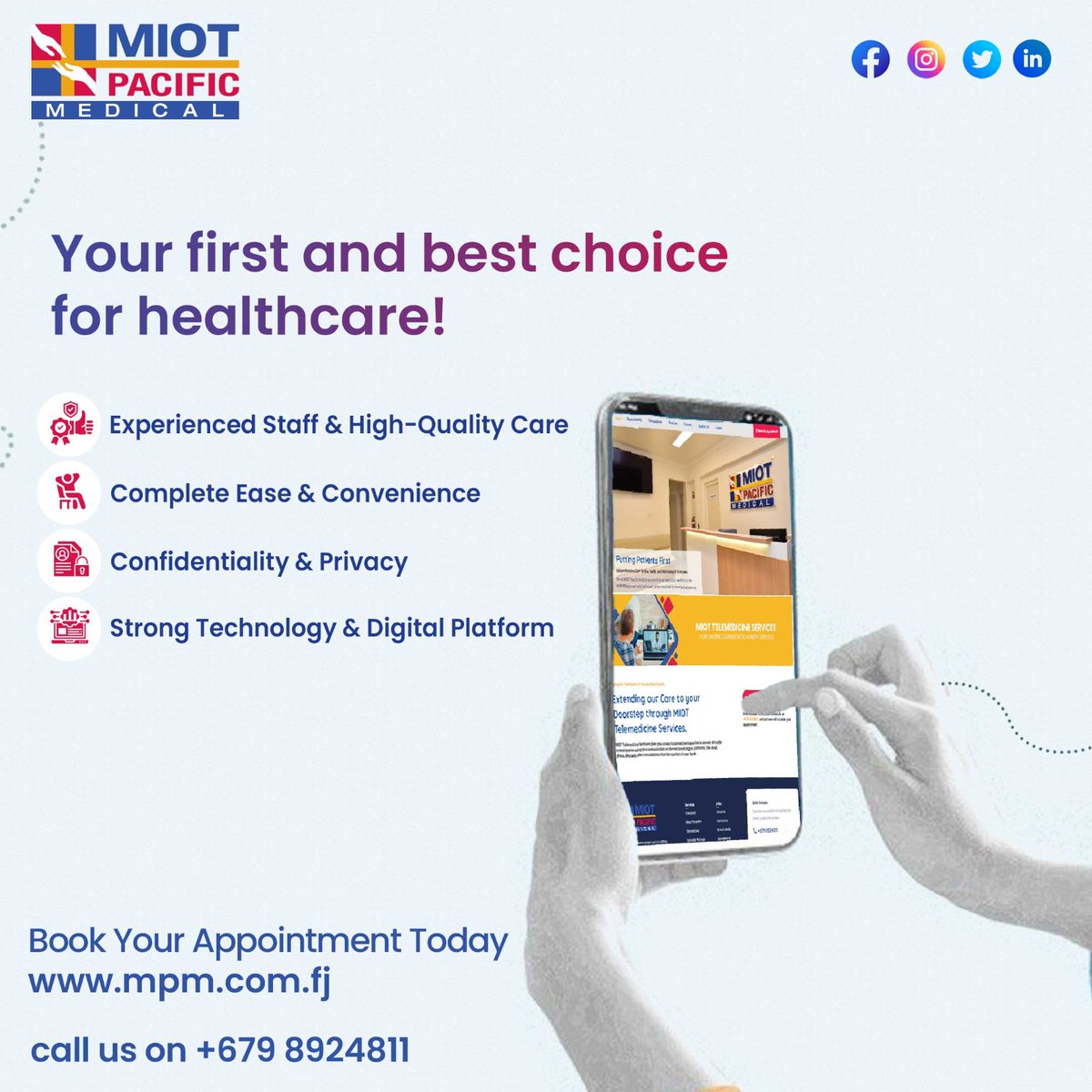 MedicalMiot's tweet image. We are dedicated to delivering quality and affordable medical services.
Visit our centre at 98 Amy Street, Suva, Fiji.
Book appointment at mpm.com.fj or call at +679 8924811

#MIOTPacificMedical #bookappointmenttoday #priorityservice #minimalwaitingtime #fiji #suva