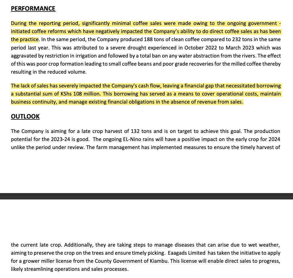 MwangoCapital's tweet photo. A whopping 99% drop in revenues to KES 1.1M at Eaagads because of the "ongoing government-initiated coffee reforms which have negatively impacted the Company’s ability to do direct coffee sales as has been the practice."

They were forced to borrow KES 108M to finance operations! https://t.co/qTjEnlrG0d
