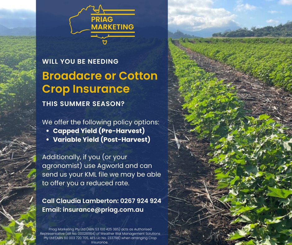 If you have summer crops planted and would like a quote on crop insurance, below are the links to our quote forms.

Broadacre:
mcusercontent.com/.../Broadacre_…...

Cotton:
mcusercontent.com/.../CRU_Cotton…...

📸: <a href="/OutlookAg/">OUTLOOK AG</a>