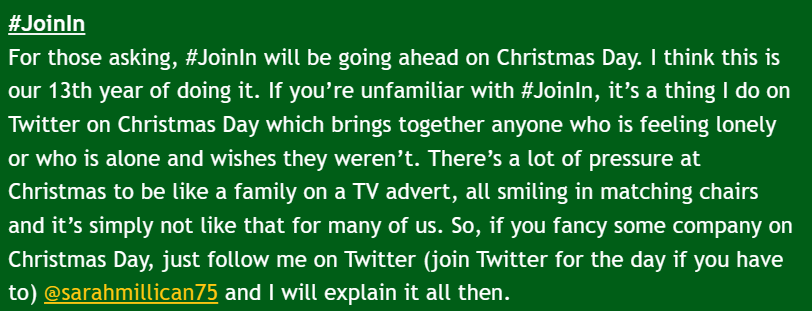 Please share this.

This is a wonderful thing that Sarah Millican does on Christmas Day.