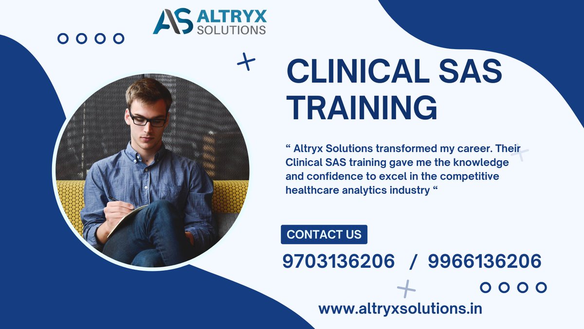 Unlocking the potential of careers, line by line. Altryx Solutions in Hyderabad: Elevating you to the pinnacle of excellence in Clinical SAS.
#bestclinicalsastraininginhyderabad, #sastraining, 
Call for more info : 9703136206 / 099661 36206