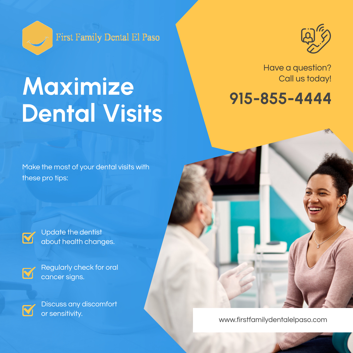 FirstFamilyDep's tweet photo. Dental appointments are more than just cleanings; it's your chance to ensure optimal oral health. Engage, discuss, and ensure comprehensive oral health with these strategies.

#DentalCare #DentalVisits #ElPasoTX https://t.co/tthXDGp2Lq