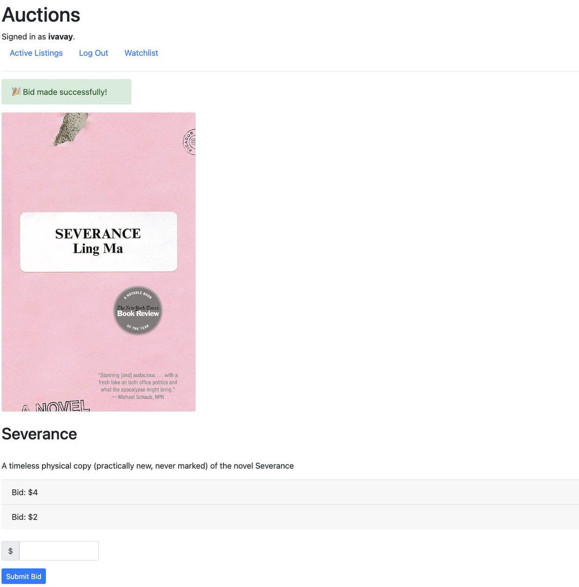 wonderbarstudio's tweet photo. 🗒️#cs50w project 2 - commerce update

✅ got a part of the bidding functionality to work (including success pop-up, displaying the new bid if condition is met) 

need to look at the instructions again to see the exact criteria for this feature 

@cs50 https://t.co/wfhGucr5K2
