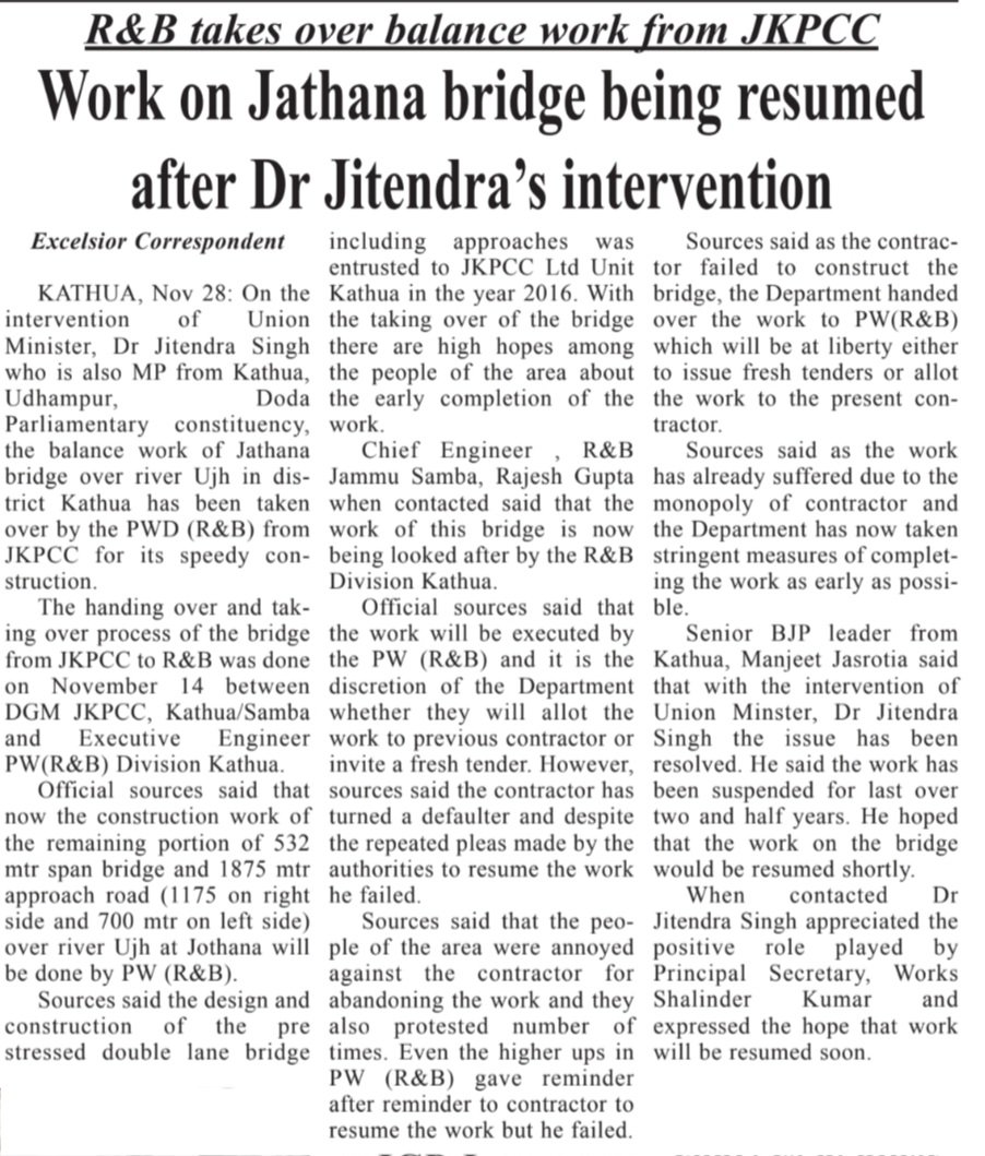 DrJitendraSingh's tweet image. Daily Excelsior : #ConstituencyUpdate: Work on Jathana bridge being resumed after Dr Jitendra's intervention.
#Kathua #JammuAndKashmir

Read:
dailyexcelsior.com/work-on-jathan…