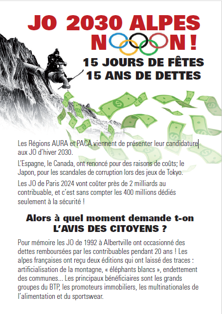 stoplyonturin's tweet photo. Les JO, c'est comme le Lyon-Turin : un gros projet ruineux pour les habitants et pour la planète. Pourtant la France a déposé la candidature des Alpes pour 2030 !
Alors ce samedi 2 décembre RDV à Albertville à 14h au Rond point du champ de mars pour dire non à ce projet ! https://t.co/KiKf770qxq